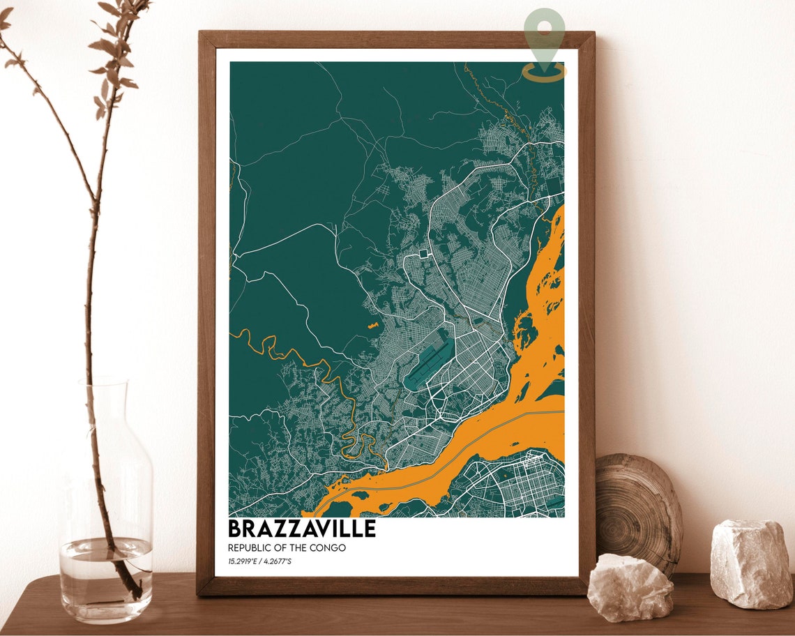 Brazzaville Republic of the Congo Dark Aqua City Map Design Poster - Image 5