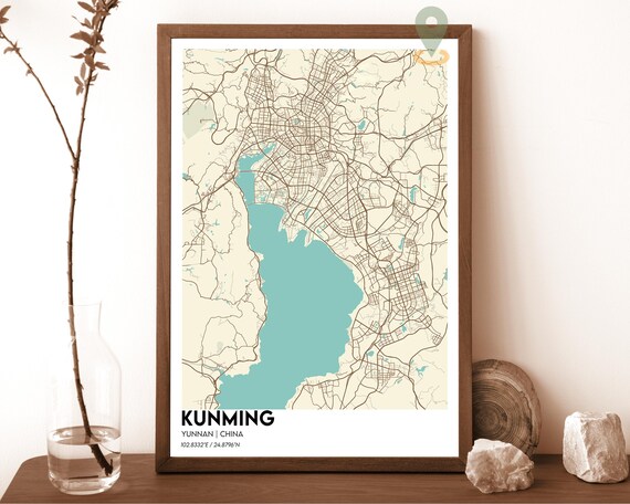 Kunming China Yunnan Lake Cream Minimalist City Map Wall Art