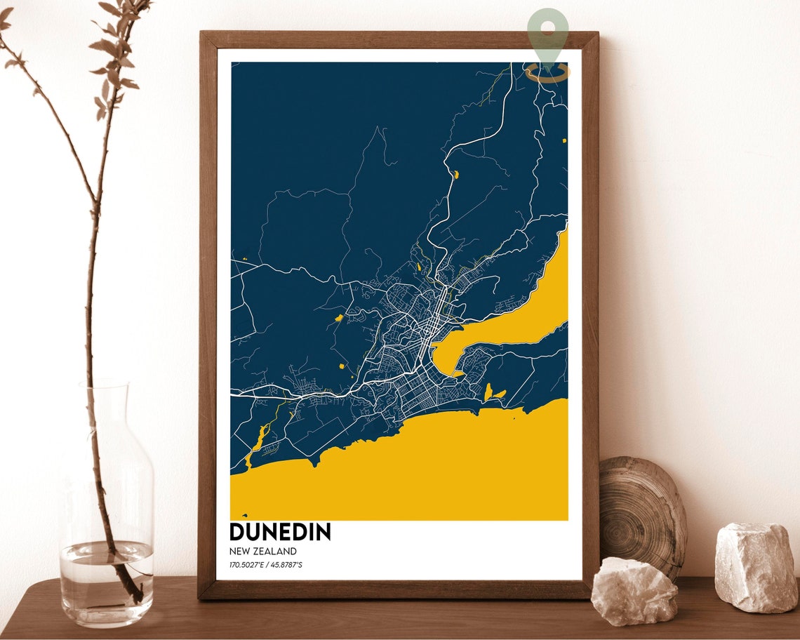 Dunedin New Zealand Stunning Navy Gold Coastal City Map Poster