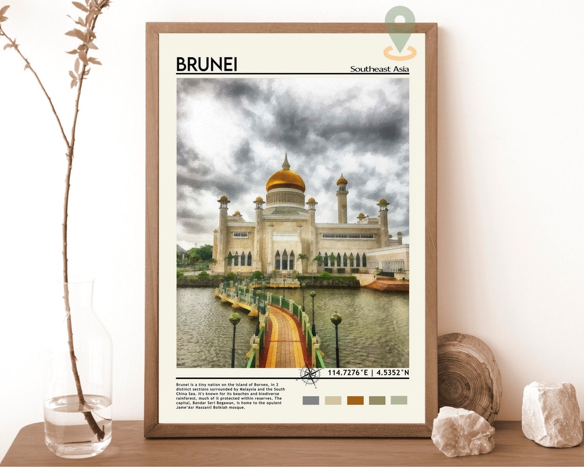 Brunei Golden Dome Mosque Southeast Asia Riverside Travel Poster
