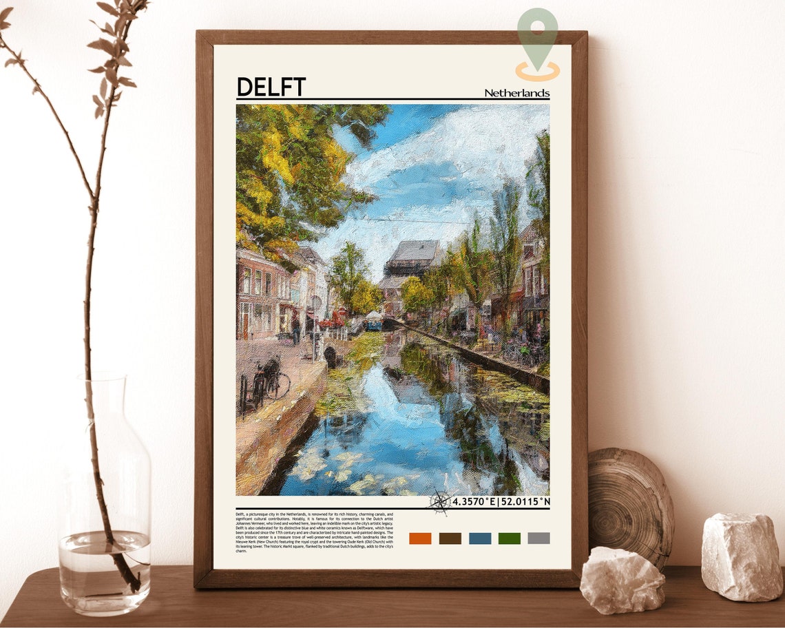 Delft Netherlands Canal Old Town Painted Travel Facts Poster