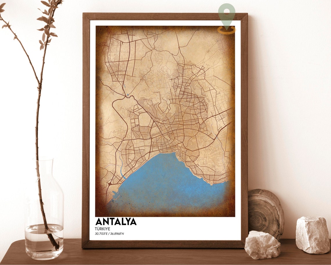 Antalya Turkiye Sepia Vintage Style Coastal City Street Map Poster