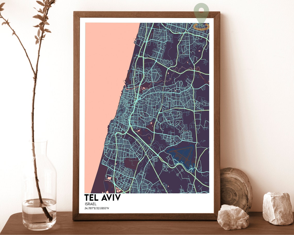 Tel Aviv Israel Coastal Downtown City Grid Gray Map Art Poster - Image 2