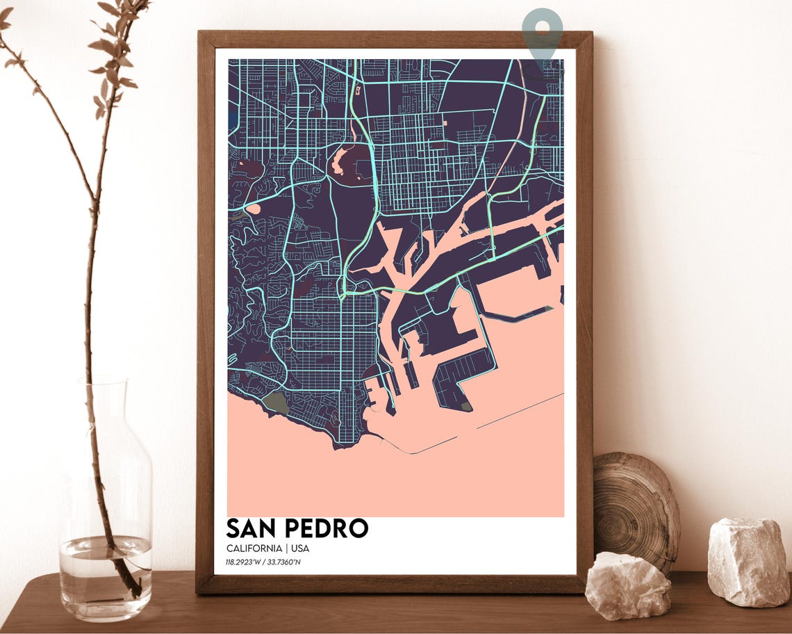 San Pedro California Dark Cyan Harbor City Map Home Decor Poster - Image 3