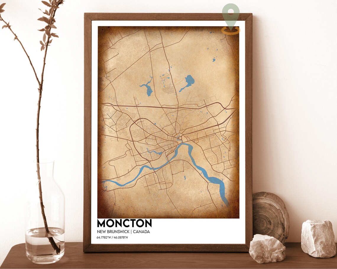 Moncton New Brunswick Canada light grey with a blue river Street Map Coordinates Poster - Image 2