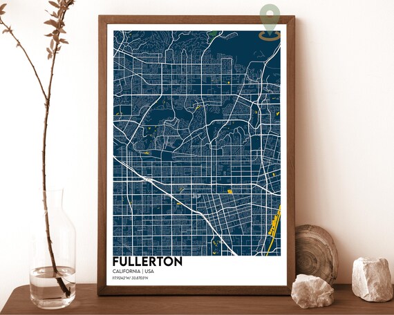 Fullerton California Navy Blue Gold City Map Home Decor Poster