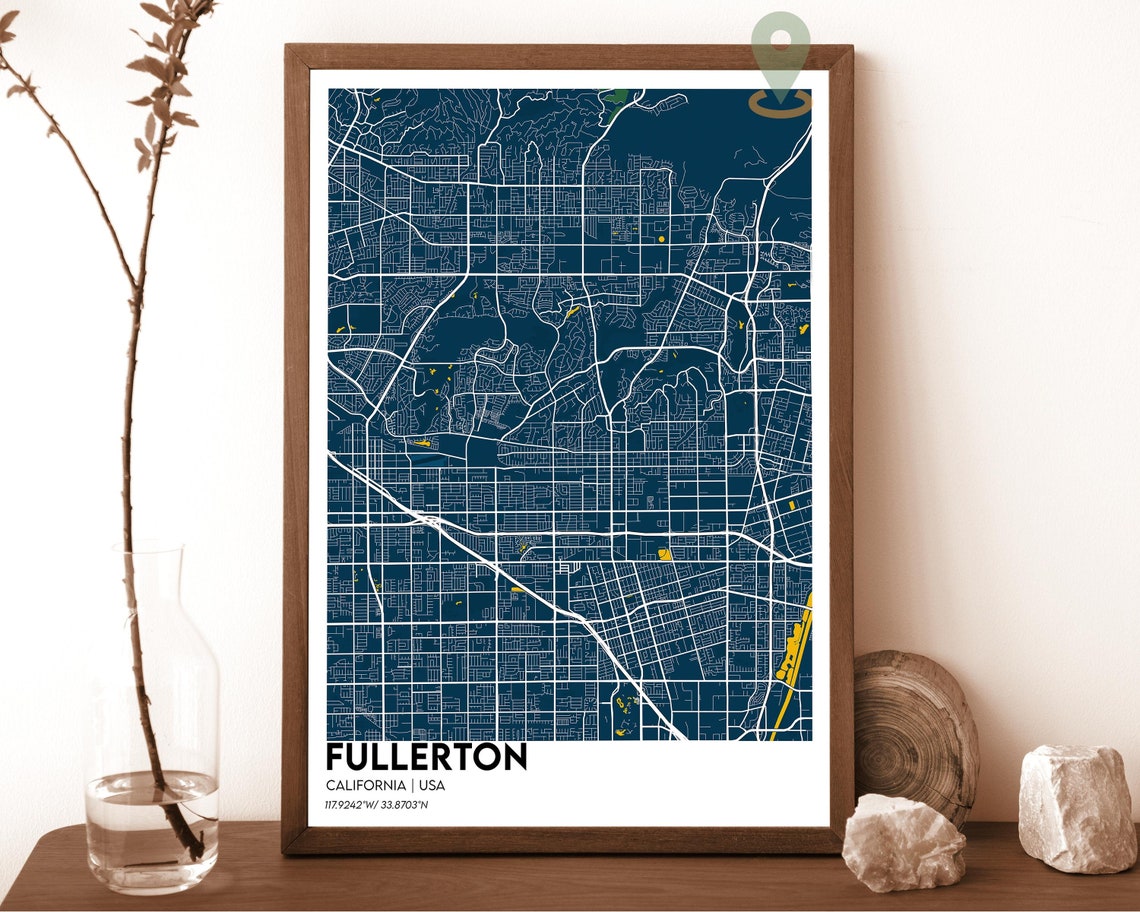 Fullerton California Navy Blue Gold City Map Home Decor Poster