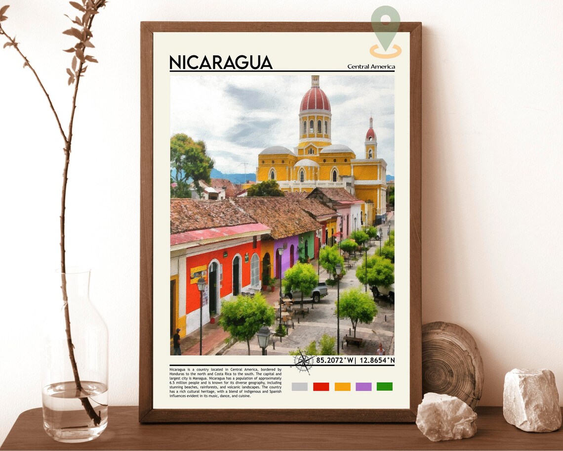 Nicaragua Central America Colonial Cathedral Street Travel Poster