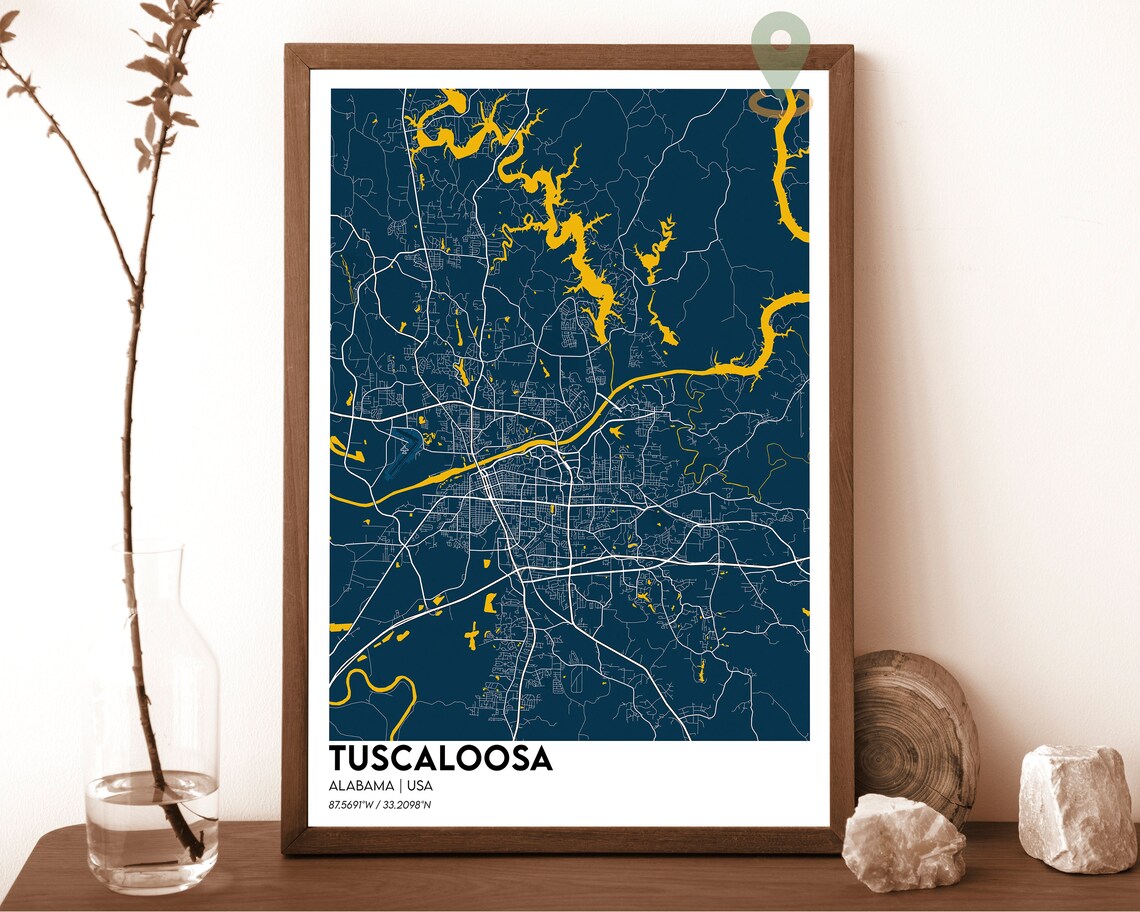 Tuscaloosa Alabama Navy Gold Street Map River City Decor Poster