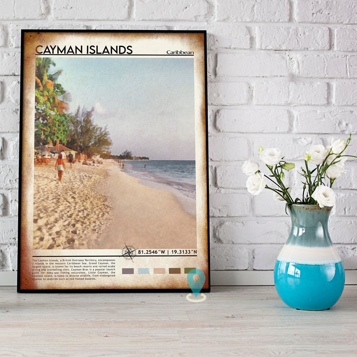 Cayman Islands Caribbean Tropical Painted Beach Scene Travel Poster - Image 4