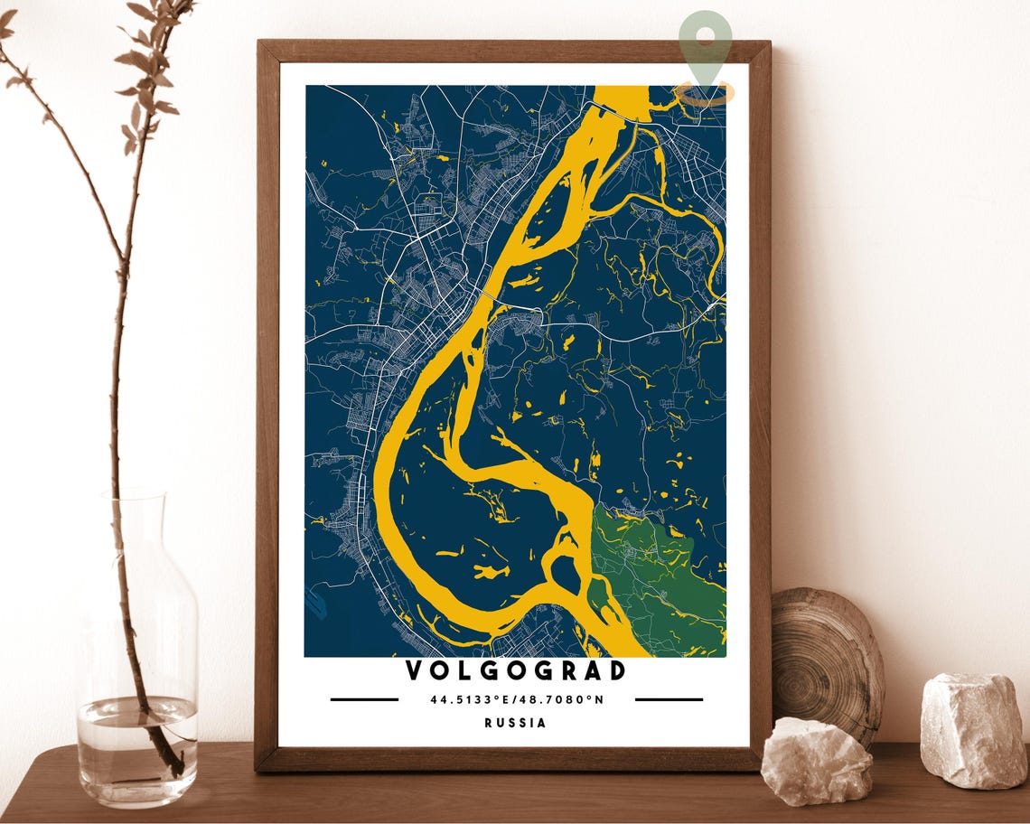 Volgograd Russia Navy Gold River Bend Street Map Bold Wall Art