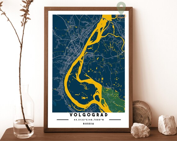 Volgograd Russia Navy Gold River Bend Street Map Bold Wall Art