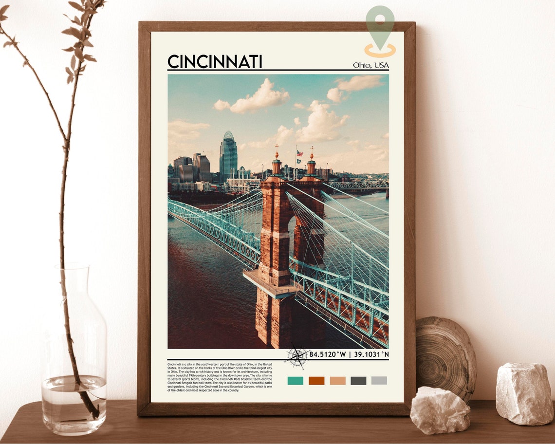 Cincinnati Ohio Roebling Suspension Bridge River Travel Poster