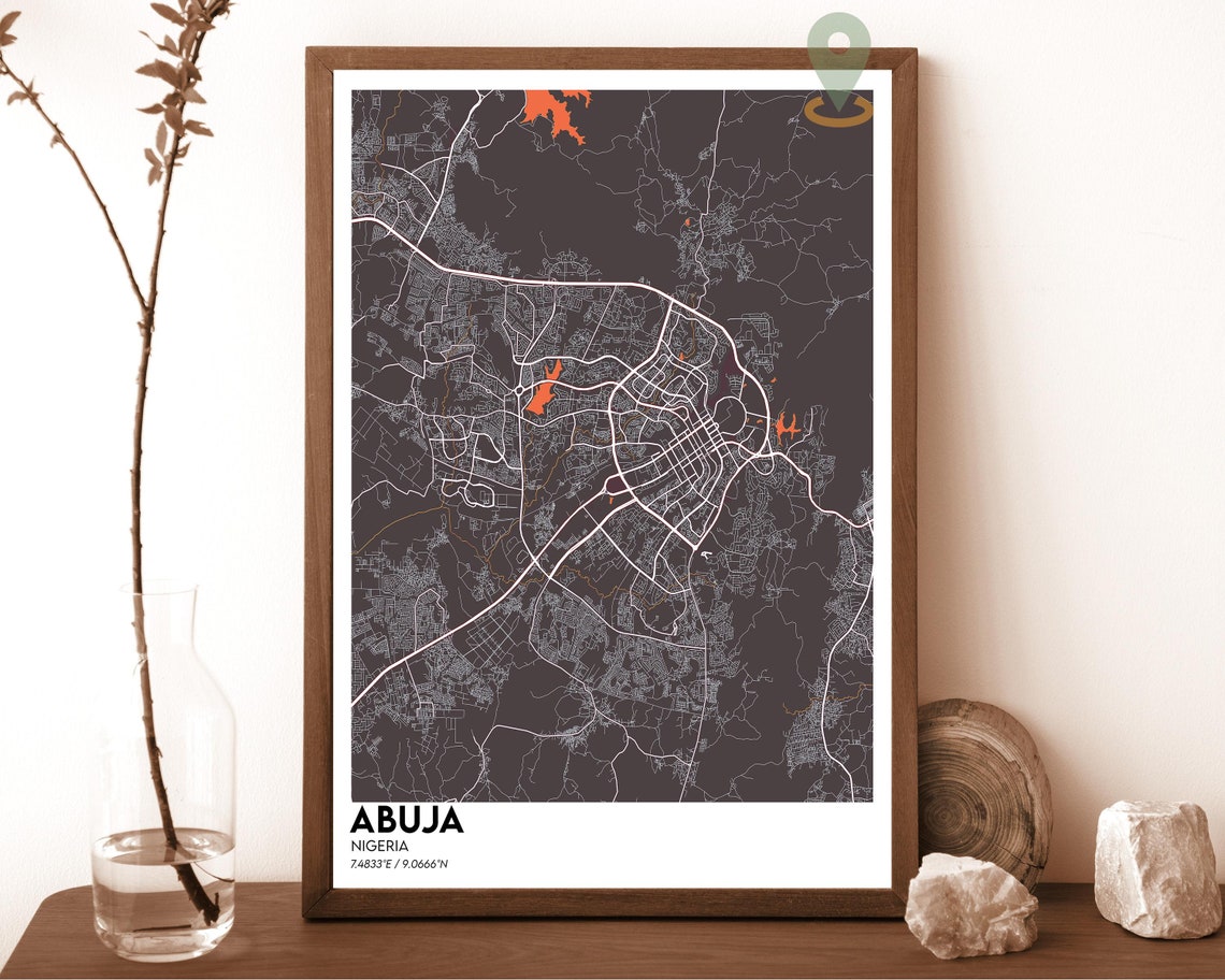 Abuja Nigeria Dark Charcoal City Map Bold Modern Decor Poster