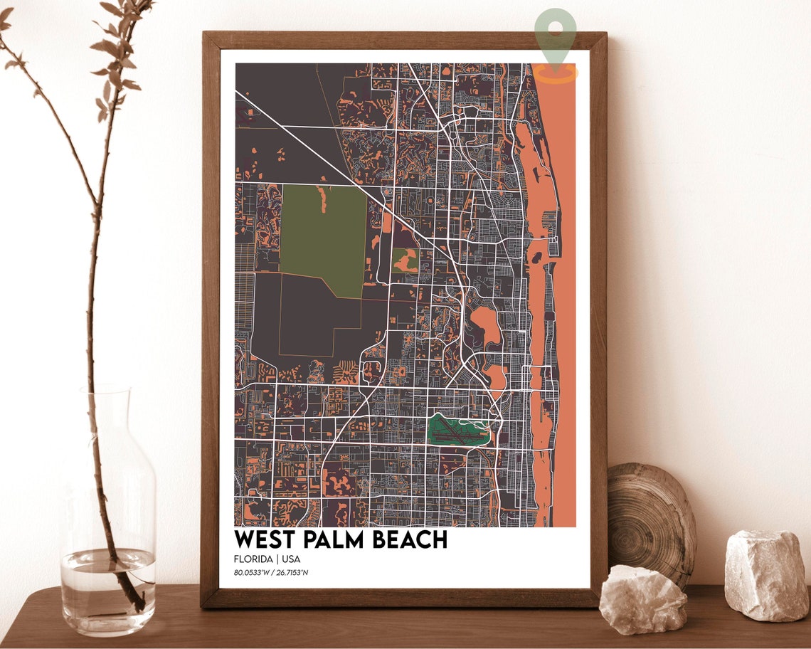 West Palm Beach Florida City Map Poster Navy Yellow Modern Art - Image 4