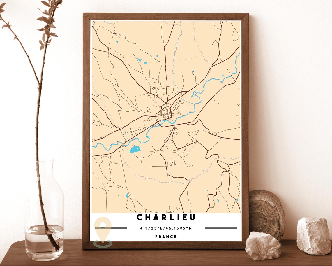 Charlieu France Town Map Cream Minimalist Vintage Street Map Poster