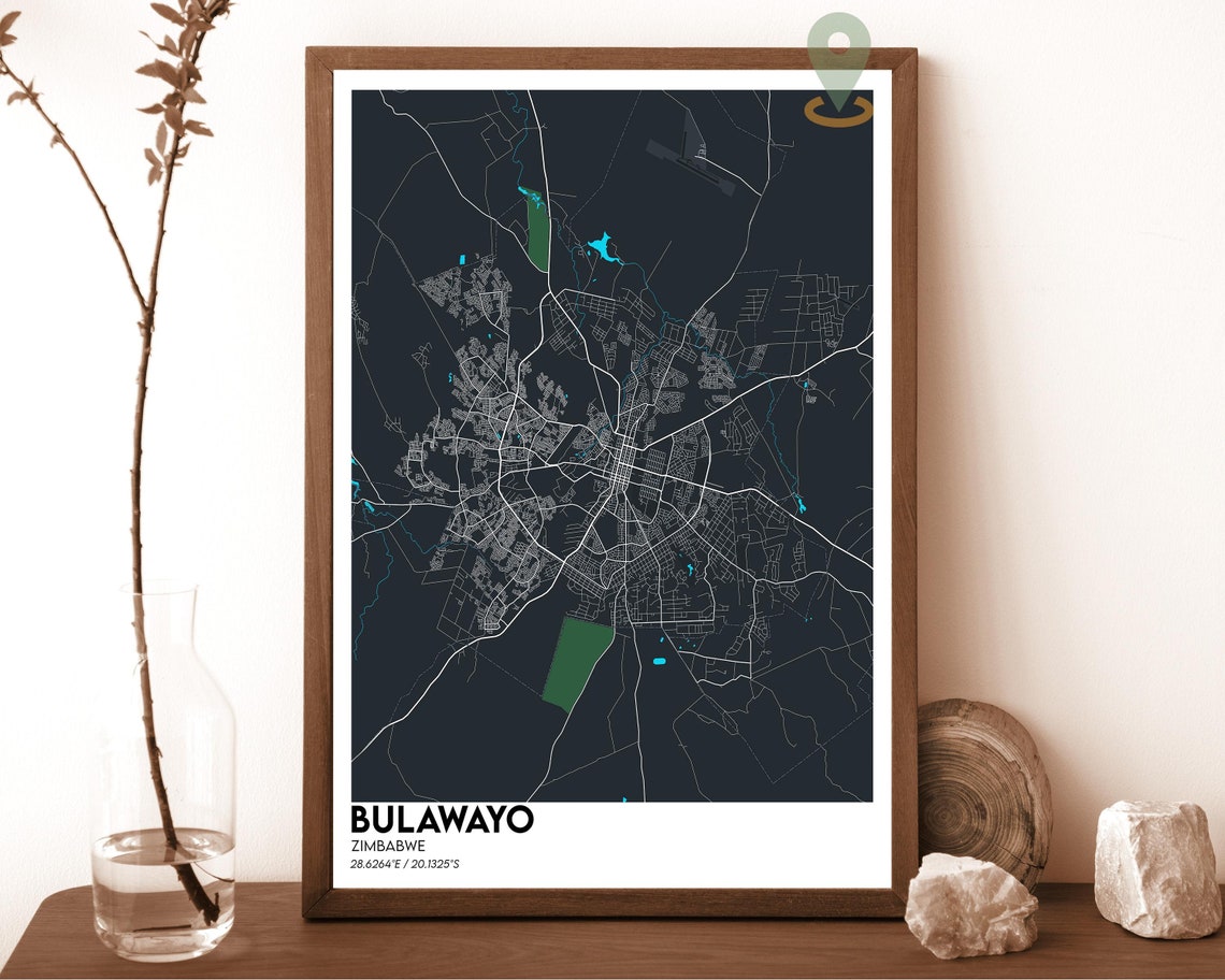 Bulawayo Zimbabwe City Map Art Poster Navy Magenta Modern Decor - Image 2
