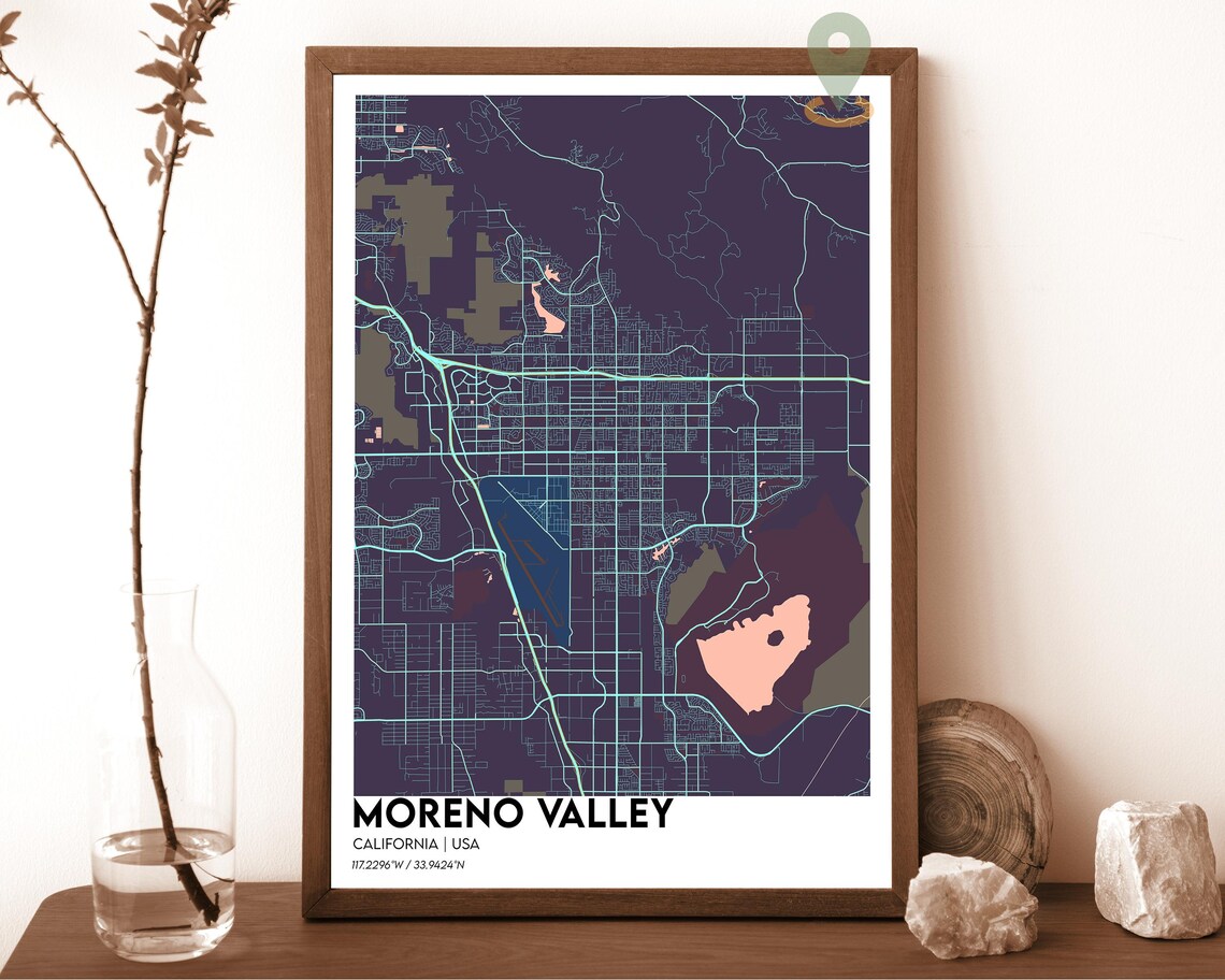 Moreno Valley California cream beige with brown streets Street Map Coordinates Poster - Image 3
