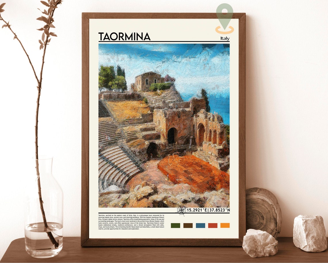 Taormina Italy Ancient Greek Theater Ruins Sea View Painterly Poster