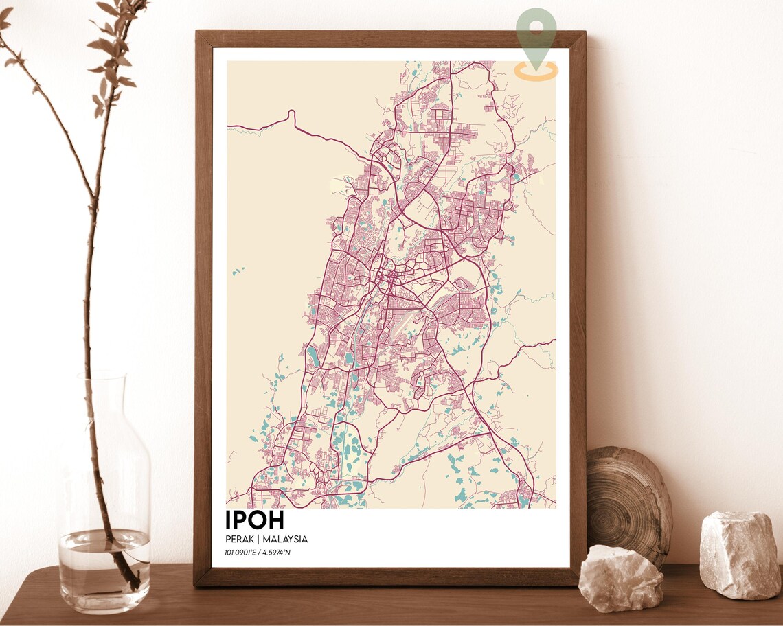 Ipoh Malaysia Bold Red Modern Minimalist City Street Map Wall Art - Image 3