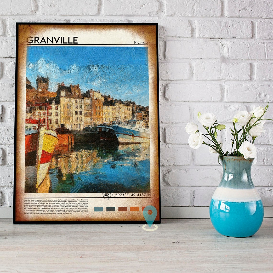 Granville France Normandy Harbor Boats Waterfront Painterly Poster - Image 4