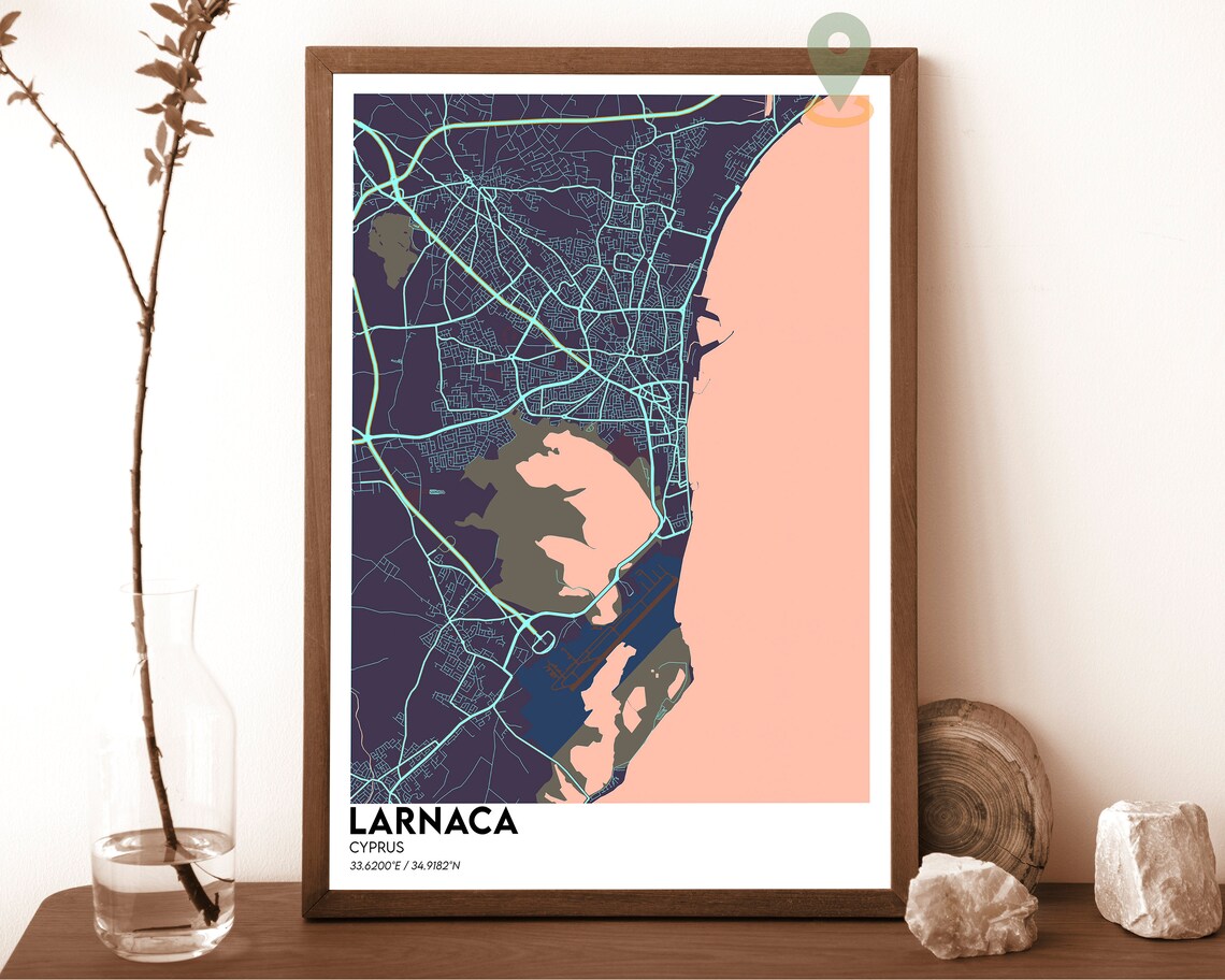 Larnaca Cyprus Dark Night Sea Coast Modern Street Map Art Poster - Image 6