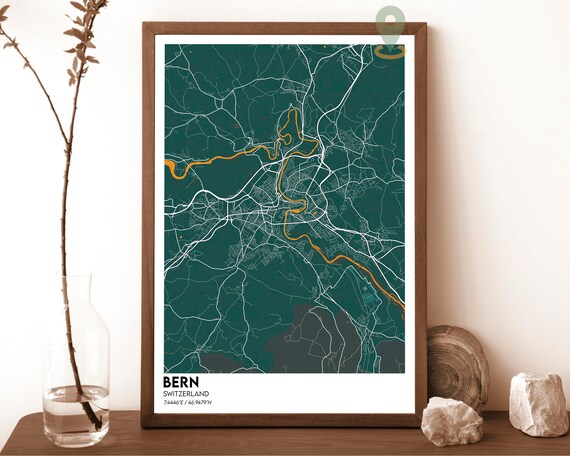 Bern Switzerland Minimalist Dark Green City Street Map Poster
