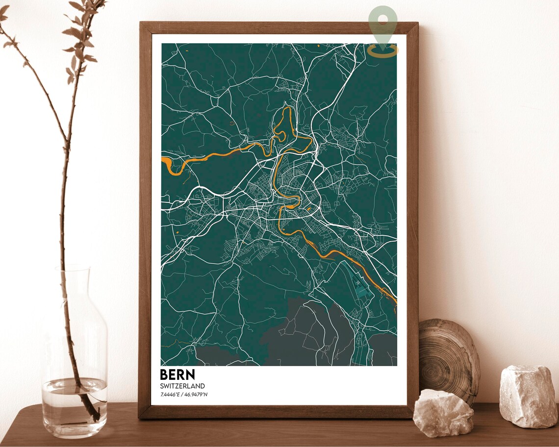 Bern Switzerland Minimalist Dark Green City Street Map Poster