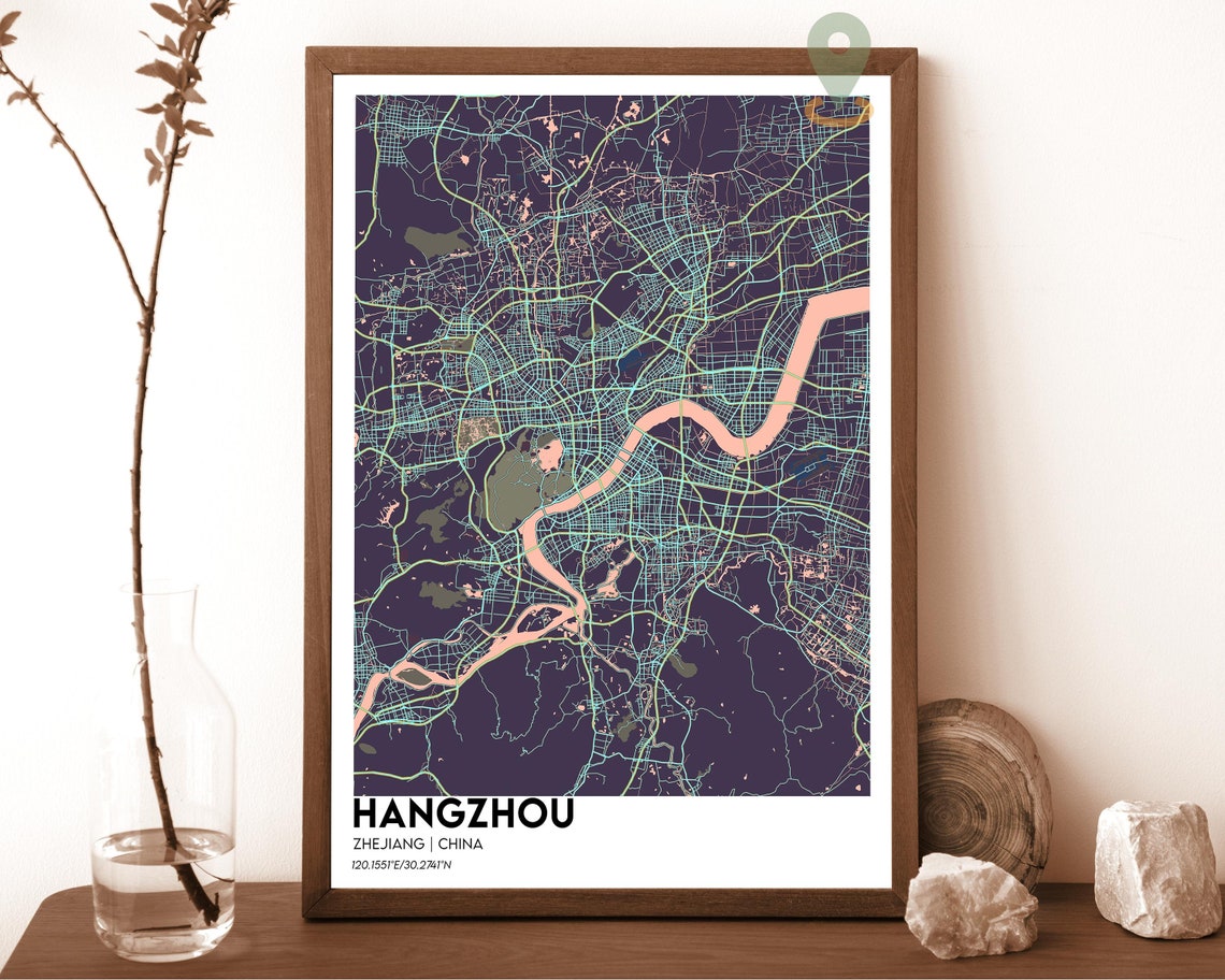 Hangzhou China Modern City Map Teal Orange Minimalist Poster - Image 3