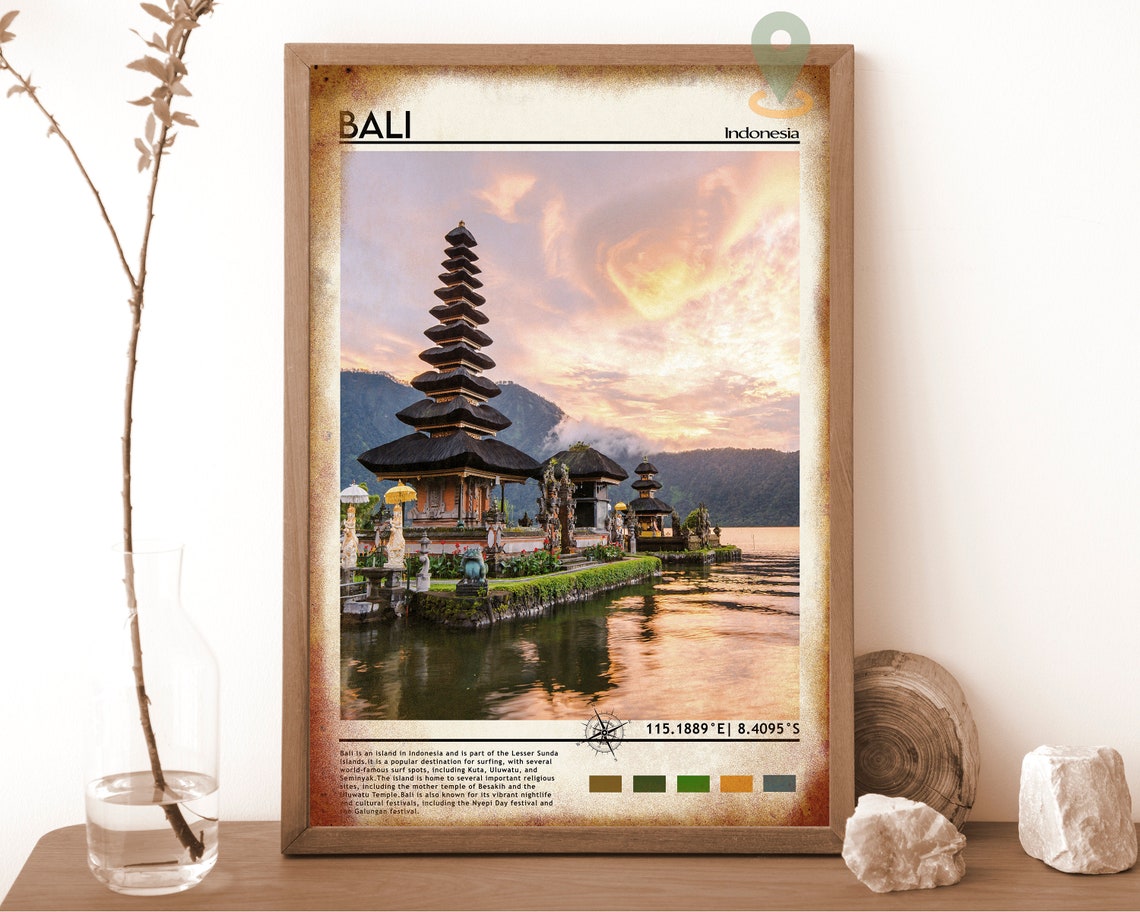 Bali Indonesia Temple Sunset Lake Reflection Tropical Travel Poster - Image 6