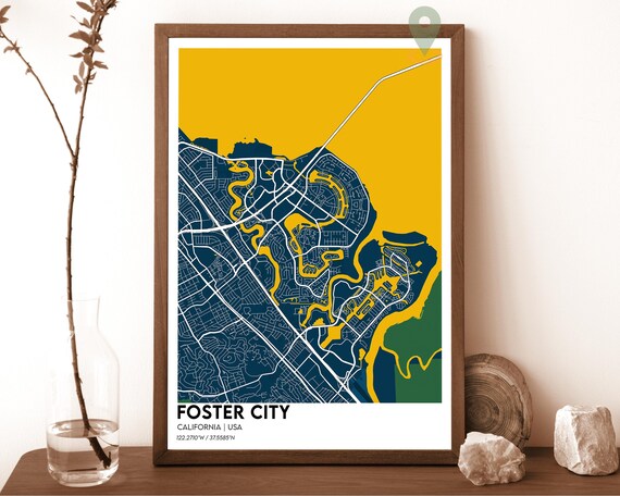 Foster City California Navy Gold Modern City Map Home Decor Poster