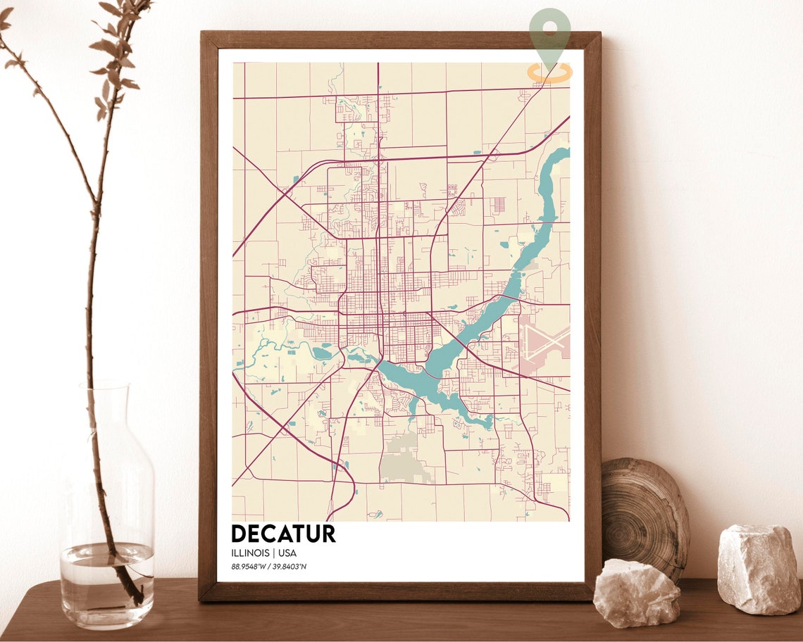 Decatur Illinois Cream Maroon Soft Retro City Map Art Poster
