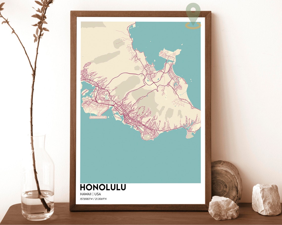 Honolulu Hawaii Oahu Island Dark Blue Ocean Map Beach Art Poster - Image 6