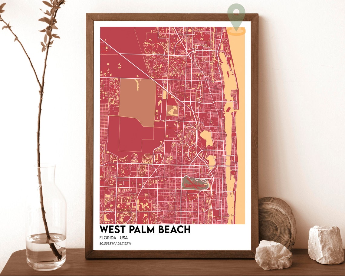 West Palm Beach Florida City Map Poster Navy Yellow Modern Art - Image 3