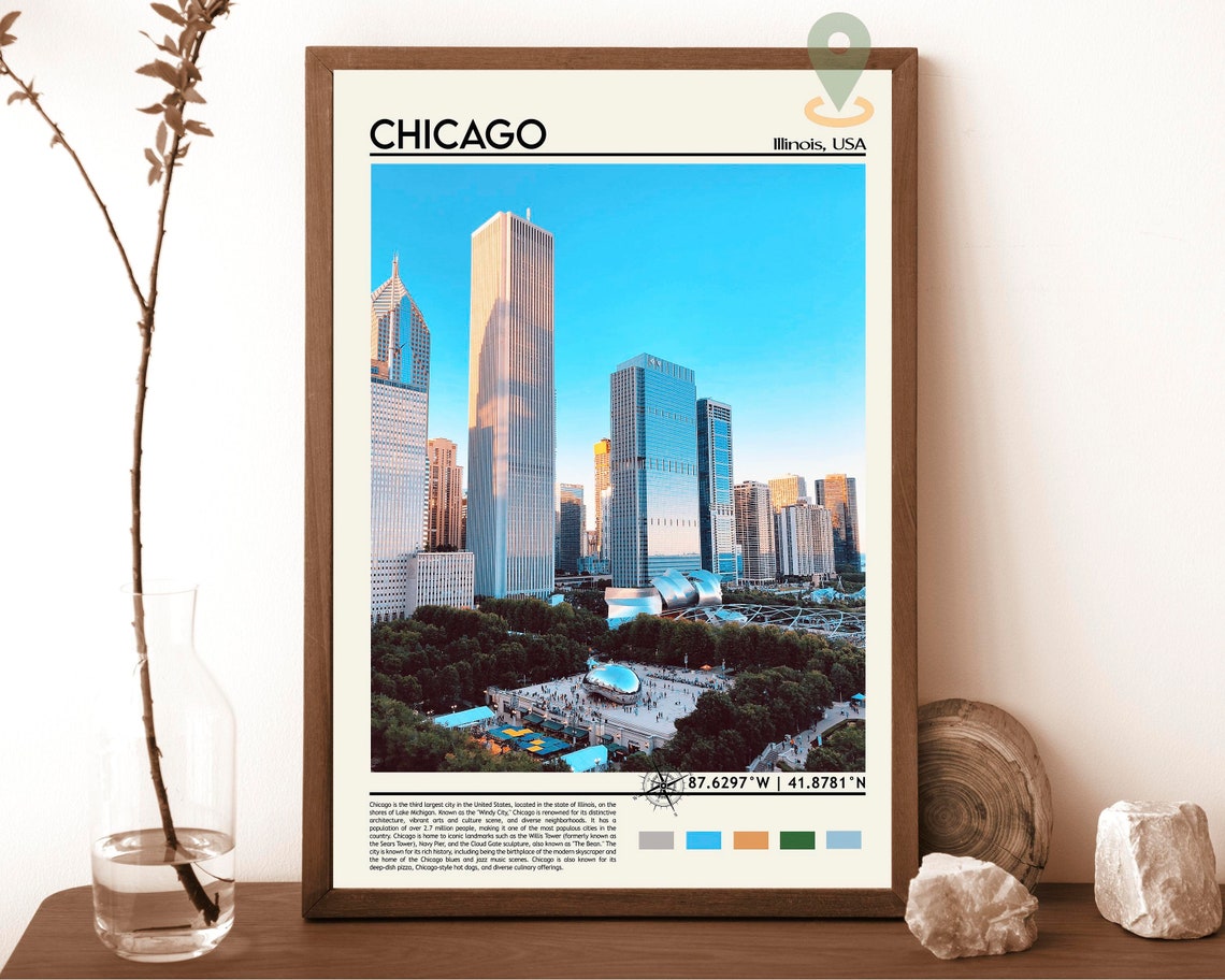 Chicago Illinois Skyline with Cloud Gate Bean Sculpture Travel Poster