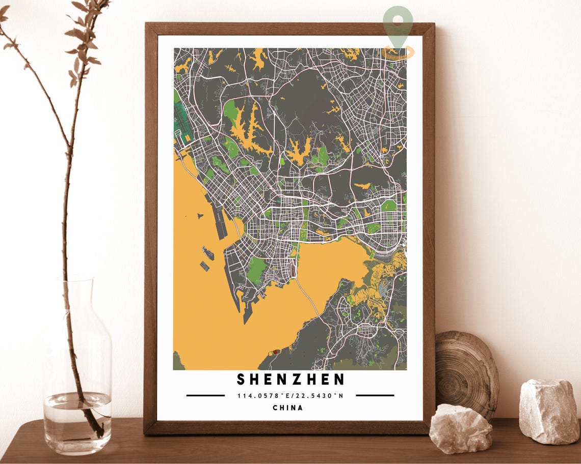 Shenzhen China City Map Art Poster Teal Orange Modern Wall Decor - Image 3