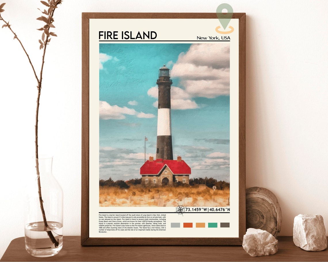 Fire Island New York Lighthouse Travel Poster Beach Beacon Art