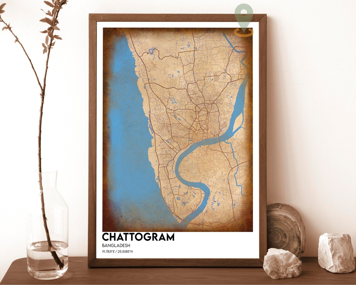 Chattogram Bangladesh River Delta Street Map Navy Gold Modern Art Print - Image 2