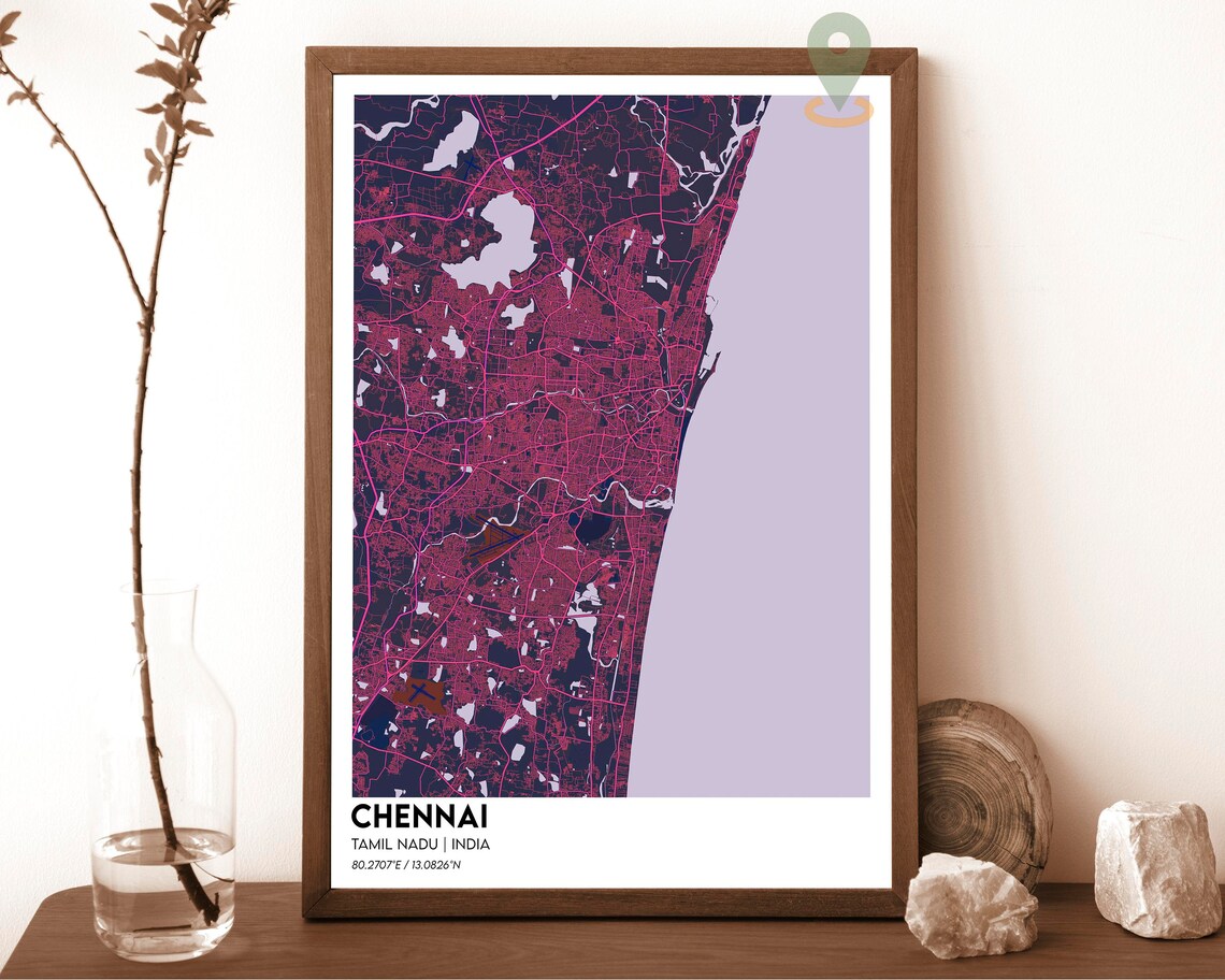 Chennai India Coastal Street Map Charcoal Orange Bay of Bengal Art Print - Image 2
