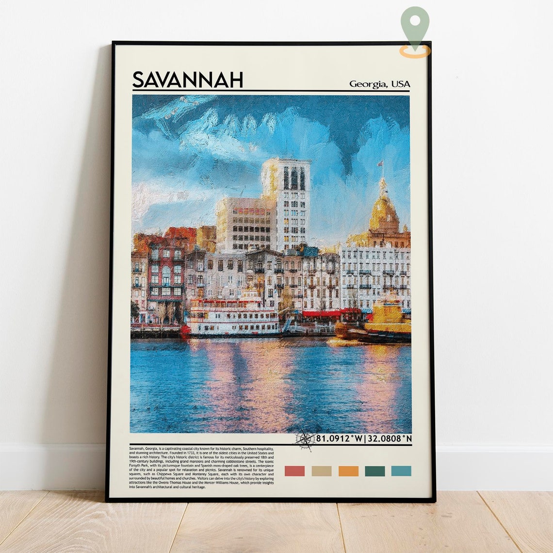 Savannah Georgia Riverfront Historic Painted Skyline USA Travel Poster - Image 3