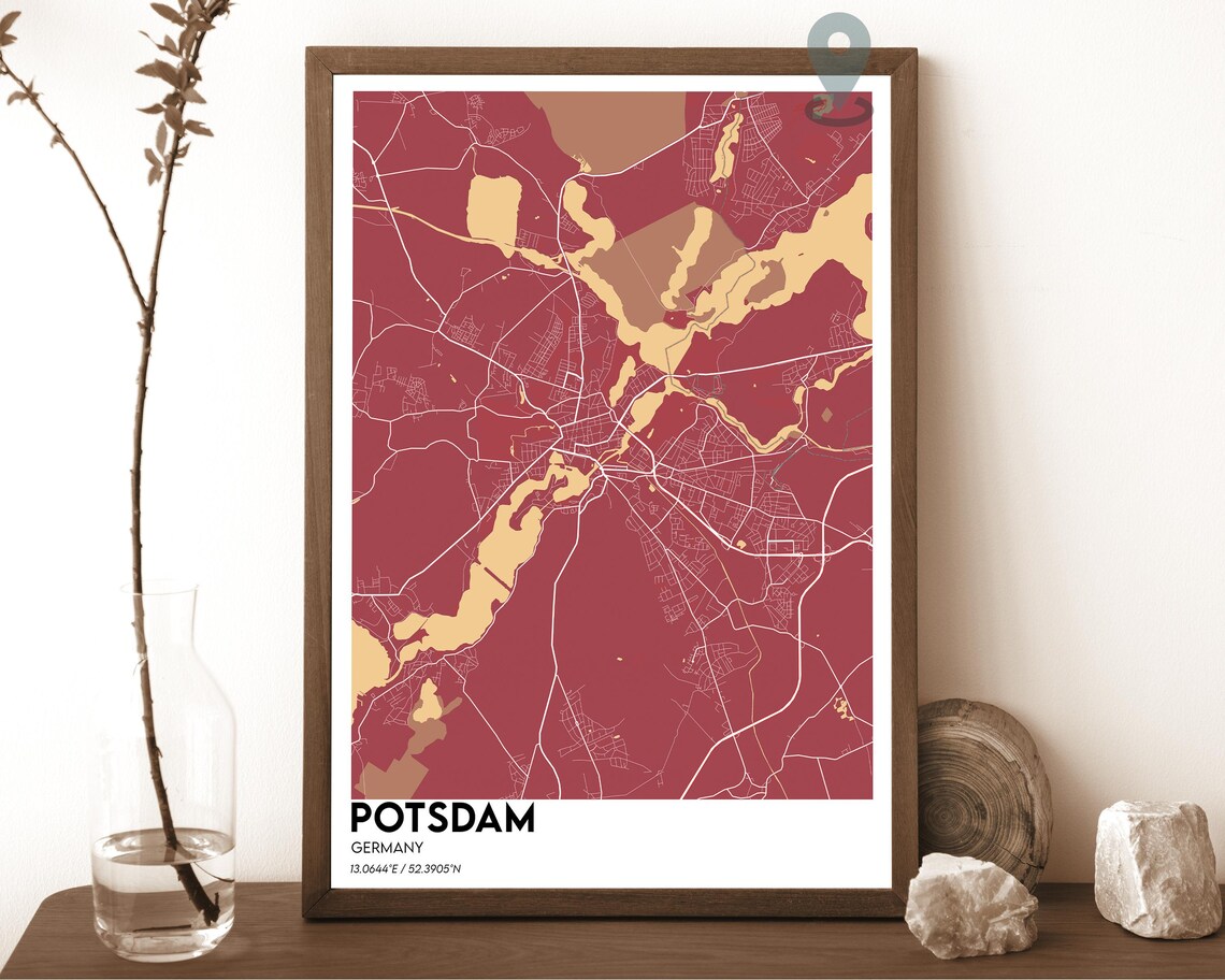 Potsdam Germany Burgundy Tan Lakes City Map Home Decor Poster Art