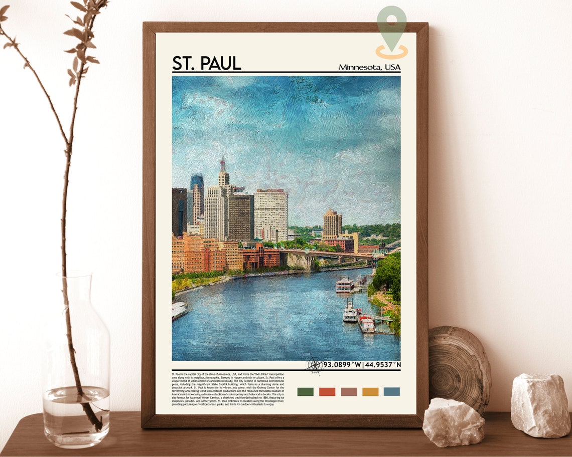 St. Paul Minnesota Mississippi Riverfront Skyline Travel Poster