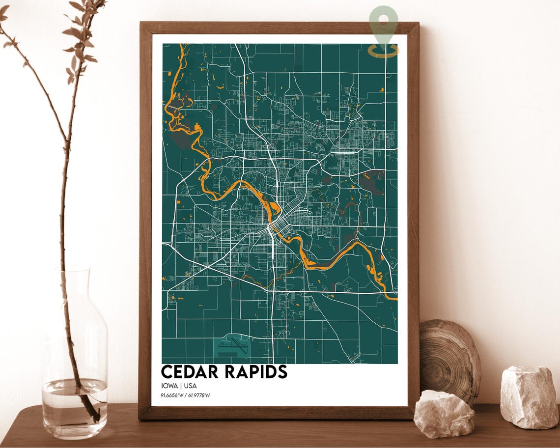 Cedar Rapids Iowa Modern Dark Teal Minimalist Street Map Art Print