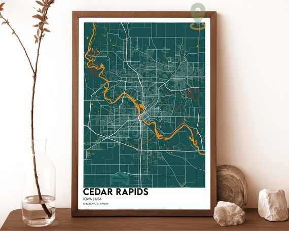 Cedar Rapids Iowa Modern Dark Teal Minimalist Street Map Art Print