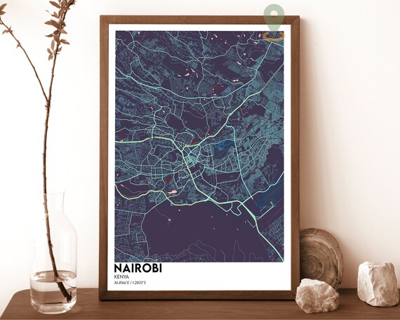 Nairobi Kenya Modern Midnight Blue Neon Street Map Art Poster