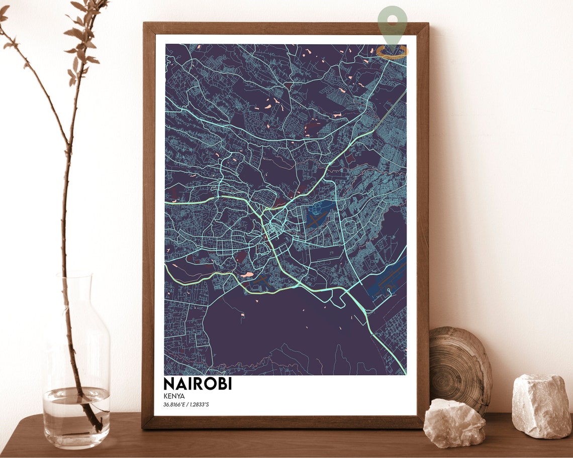 Nairobi Kenya Modern Midnight Blue Neon Street Map Art Poster