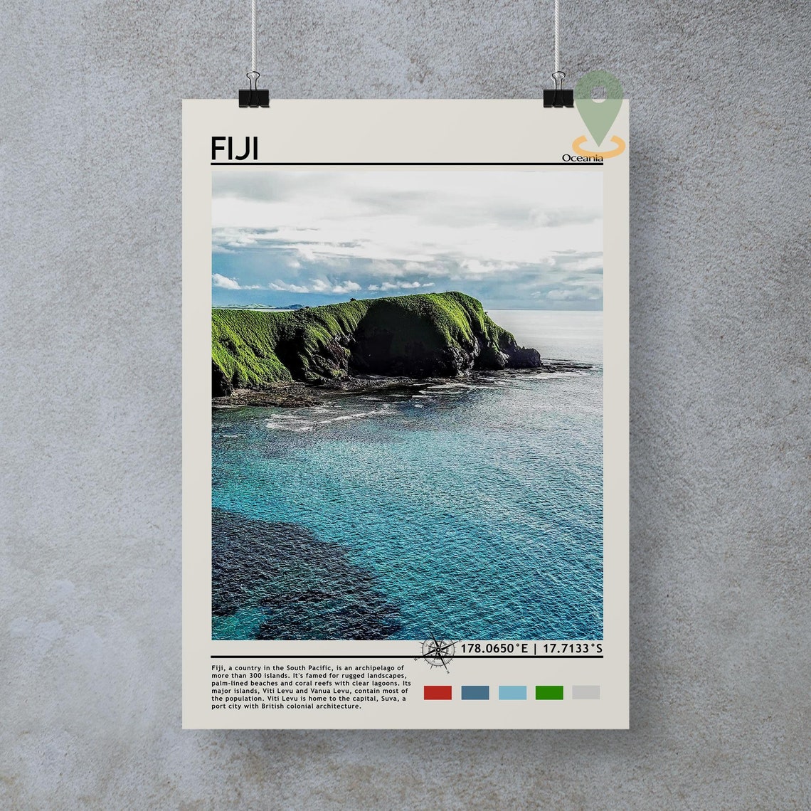 Fiji Oceania Volcanic Cliffs Turquoise Coast View Travel Poster - Image 3