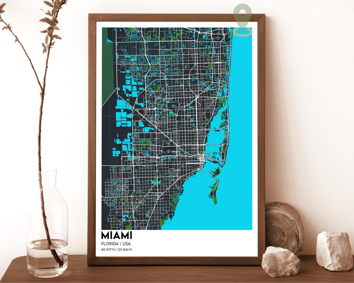 Miami Florida USA Vibrant Bold Navy Yellow City Street Map Poster - Image 5