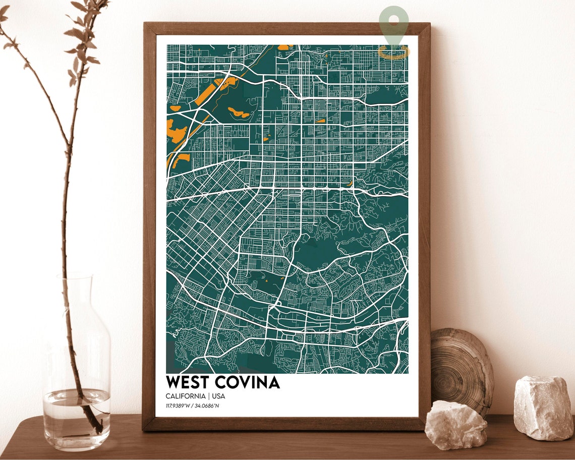 West Covina California Emerald Street Map Modern Decor Poster