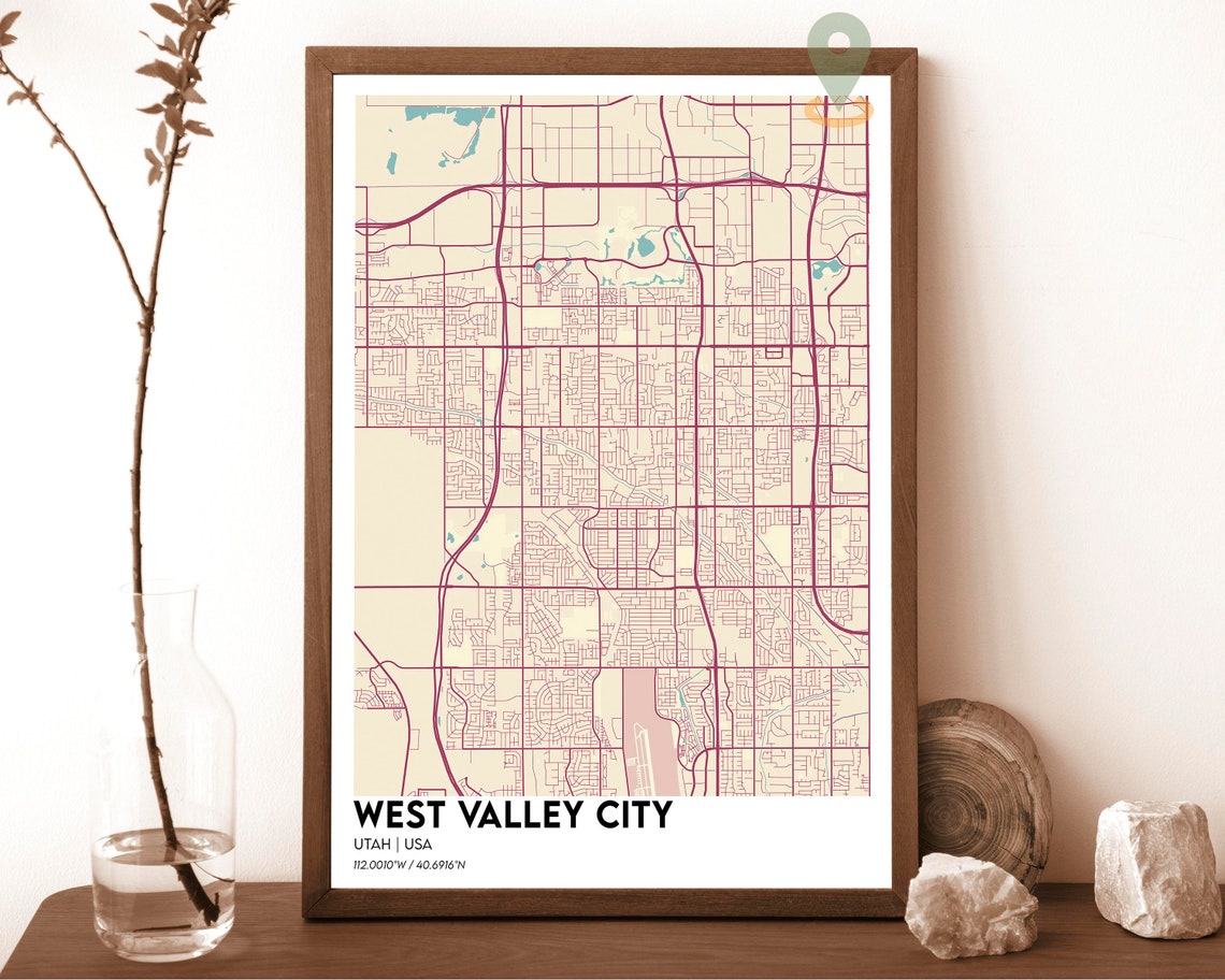 West Valley City Utah Map Poster Cream Burgundy Minimalist Art